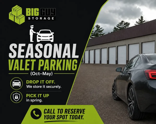 Seasonal Valet Parking graphic with car pulling up to storage unit 